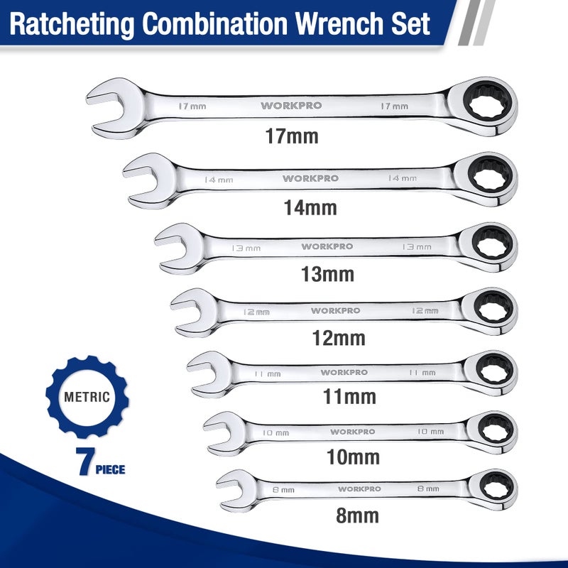 WORKPRO 7-Piece Ratcheting Combination Wrench Set, 72 Teeth, Cr-V Constructed, Combo Ratchet Wrenches Set with Roll Up Pouch, Metric 8mm-17mm - Image 2