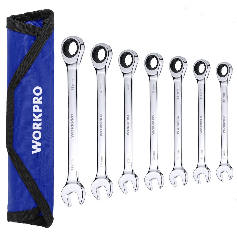 WORKPRO 7-Piece Ratcheting Combination Wrench Set, 72 Teeth, Cr-V Constructed, Combo Ratchet Wrenches Set with Roll Up Pouch, Metric 8mm-17mm - Image 1