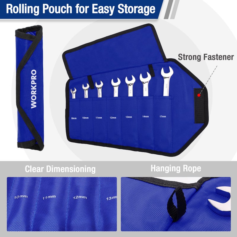 WORKPRO 7-Piece Ratcheting Combination Wrench Set, 72 Teeth, Cr-V Constructed, Combo Ratchet Wrenches Set with Roll Up Pouch, Metric 8mm-17mm - Image 5