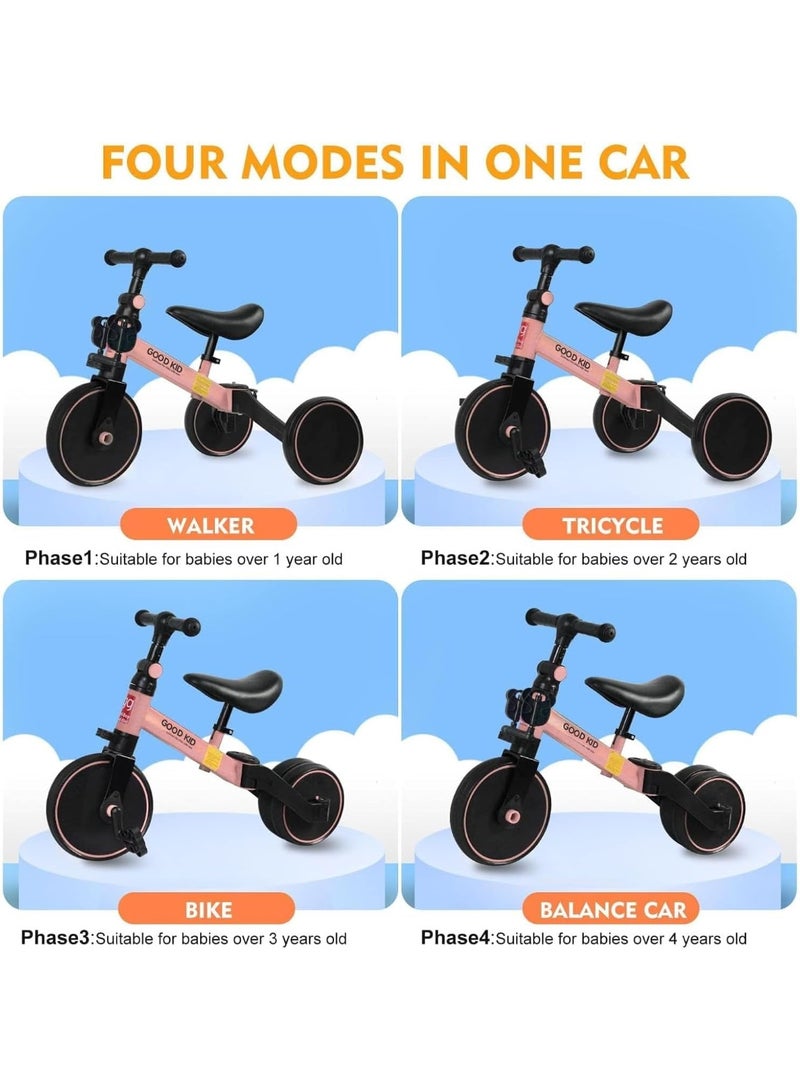 ELTRAZONE 4 in 1 Kids Balance Bike  Tricycle for 1-4 Years | Toddler Ride-On Bike with Adjustable Seat | Indoor Outdoor Push Trike Toy | First Birthday Gift for Boys  Girls (Pink) - Image 3
