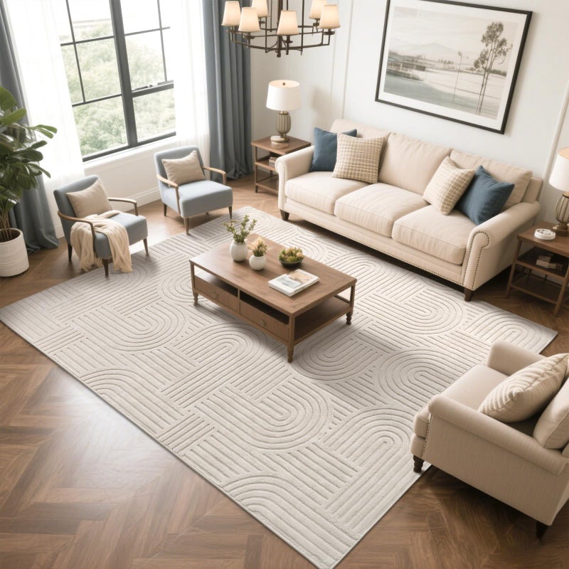 SHACOS Soft Cozy Fluffy Arch Pattern High-Low Pile Area Rugs 8'x10' Large Non Slip Washable Modern Geometric Rug Scandinavian Minimalist Carpet for Living Room Bedroom Dining Room, Beige - Image 4