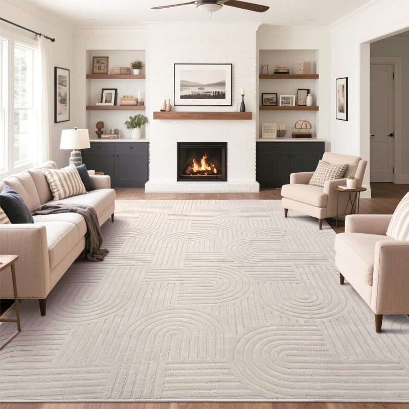 SHACOS Soft Cozy Fluffy Arch Pattern High-Low Pile Area Rugs 8'x10' Large Non Slip Washable Modern Geometric Rug Scandinavian Minimalist Carpet for Living Room Bedroom Dining Room, Beige - Image 1