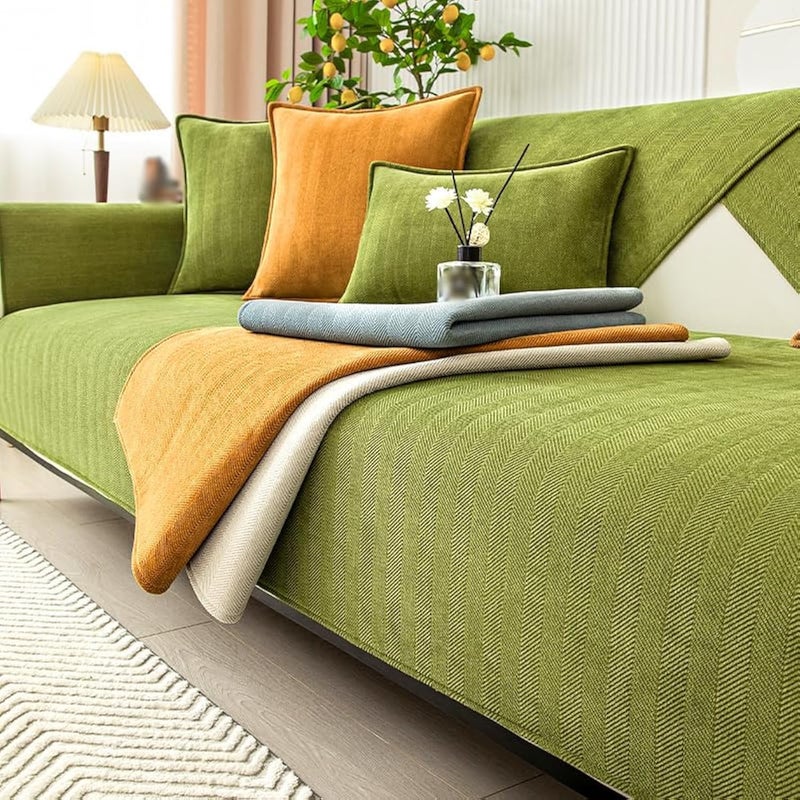 Rosygulls مضحك غلاف الأريكة غامض Chenille Couch Purniture Protector Funder Fuzzy Couch الأريكة للأريكة مضحكة أريكة غير قسيمة تغطي جميع الفصول الأريكة العامة الأريكة 27.6x82.7in-Herringbone-Green - Image 1