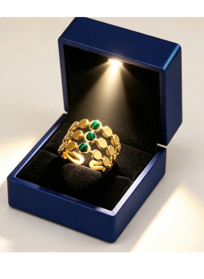 LATEEN 18K Gold Plated Stainless Steel Malachite-Textured Open Ring with Luxury LED Light Gift Box, High-End Statement Jewelry Gift for Men & Women - Image 1