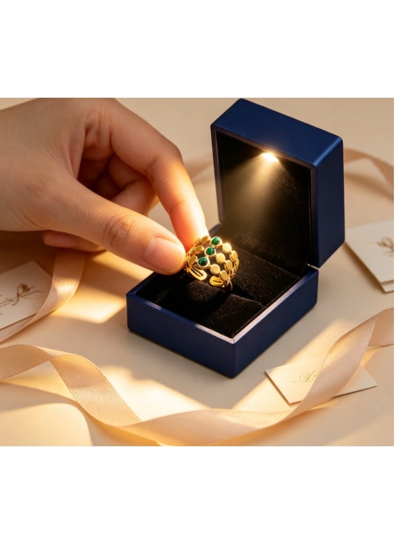 LATEEN 18K Gold Plated Stainless Steel Malachite-Textured Open Ring with Luxury LED Light Gift Box, High-End Statement Jewelry Gift for Men & Women - Image 5