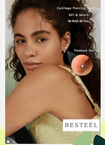 BESTEEL 16G Cartilage Earrings Stud for Women Men Hypoallergenic Stainless Steel Flat back Stud Earrings Hoop Set Cute Star Moon Flower Snake Butterfly CZ Opal Cartilage Stud Earrings Chain Dangle - Image 4