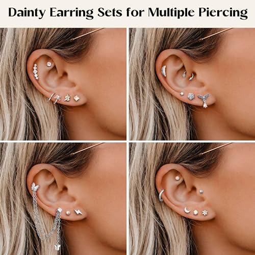 BESTEEL 16G Cartilage Earrings Stud for Women Men Hypoallergenic Stainless Steel Flat back Stud Earrings Hoop Set Cute Star Moon Flower Snake Butterfly CZ Opal Cartilage Stud Earrings Chain Dangle - Image 5
