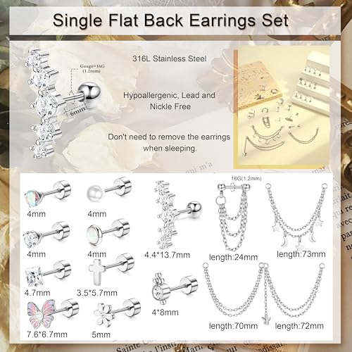 BESTEEL 16G Cartilage Earrings Stud for Women Men Hypoallergenic Stainless Steel Flat back Stud Earrings Hoop Set Cute Star Moon Flower Snake Butterfly CZ Opal Cartilage Stud Earrings Chain Dangle - Image 2