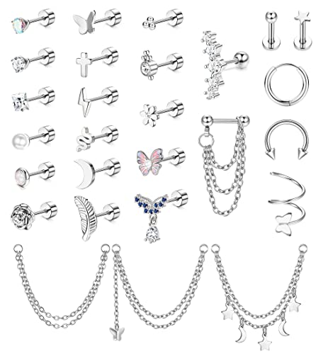 BESTEEL 16G Cartilage Earrings Stud for Women Men Hypoallergenic Stainless Steel Flat back Stud Earrings Hoop Set Cute Star Moon Flower Snake Butterfly CZ Opal Cartilage Stud Earrings Chain Dangle - Image 1