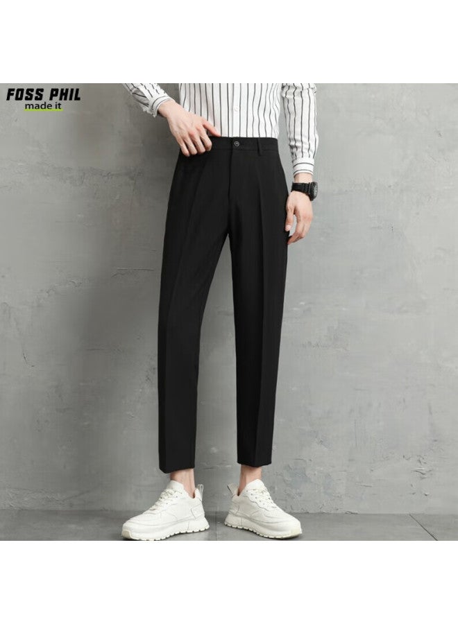 Foss Phil Men's Summer Ice Silk Thin Straight Nine-point Casual Pants Fashion High-end Drape Western Pants Am503 Black L - Image 3
