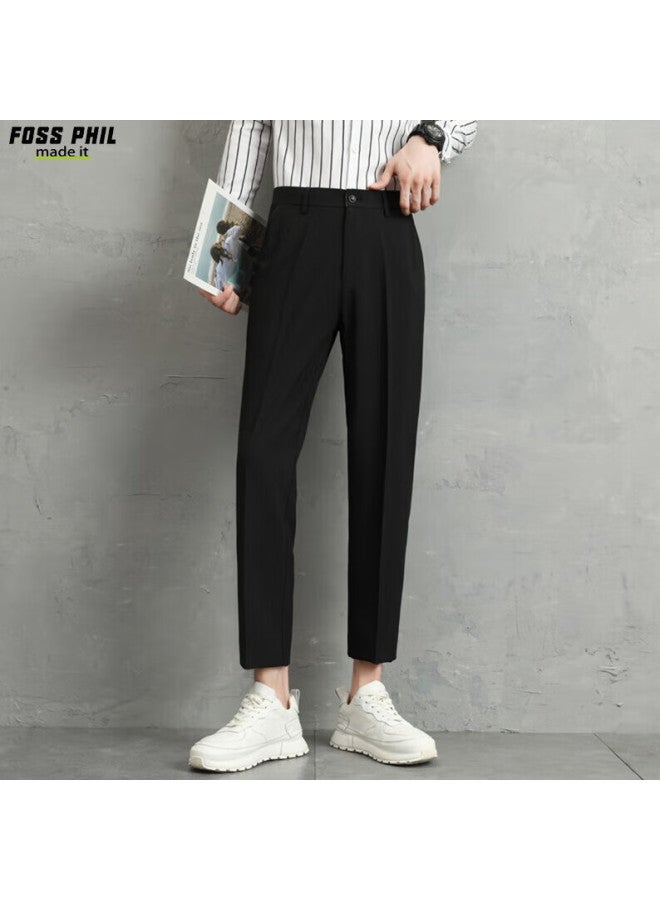 Foss Phil Men's Summer Ice Silk Thin Straight Nine-point Casual Pants Fashion High-end Drape Western Pants Am503 Black L - Image 1