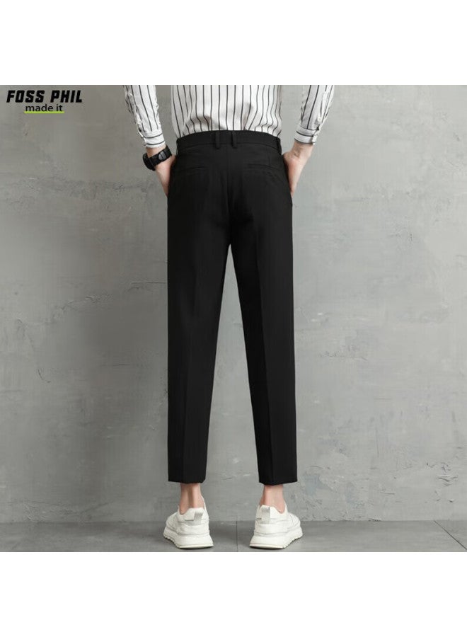 Foss Phil Men's Summer Ice Silk Thin Straight Nine-point Casual Pants Fashion High-end Drape Western Pants Am503 Black L - Image 5