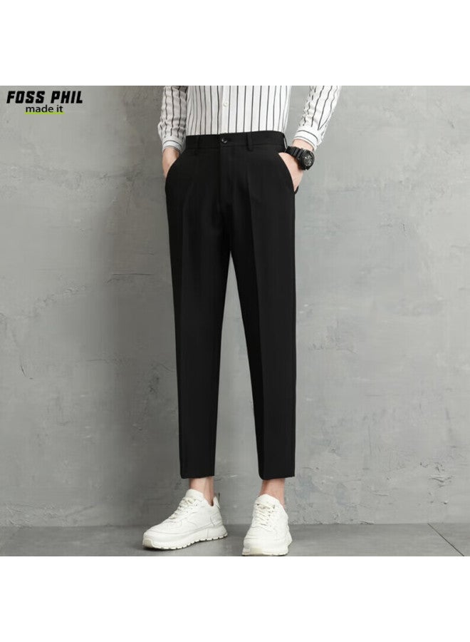 Foss Phil Men's Summer Ice Silk Thin Straight Nine-point Casual Pants Fashion High-end Drape Western Pants Am503 Black L - Image 2