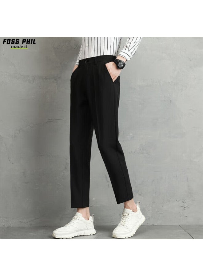 Foss Phil Men's Summer Ice Silk Thin Straight Nine-point Casual Pants Fashion High-end Drape Western Pants Am503 Black L - Image 4