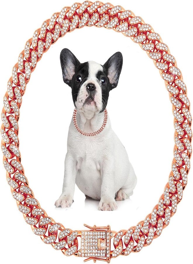 WeimoMonkey Rose Gold Dog Necklace Collar,Dog Chain Collars,Cuban Link Dog Collar, Diamond Necklace Metal Bling Choke, 13mm Wide Pet Jewelry for Puppy Small Medium Large Dogs Cats (14inch) - Image 1