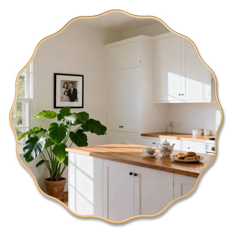 Meolyx 26" Wavy Mirror Scalloped Farmhous Modern Wood Farme Mirror Wall Decor for Bathroom Entryway Living Room Bedroom Hallway - Image 1