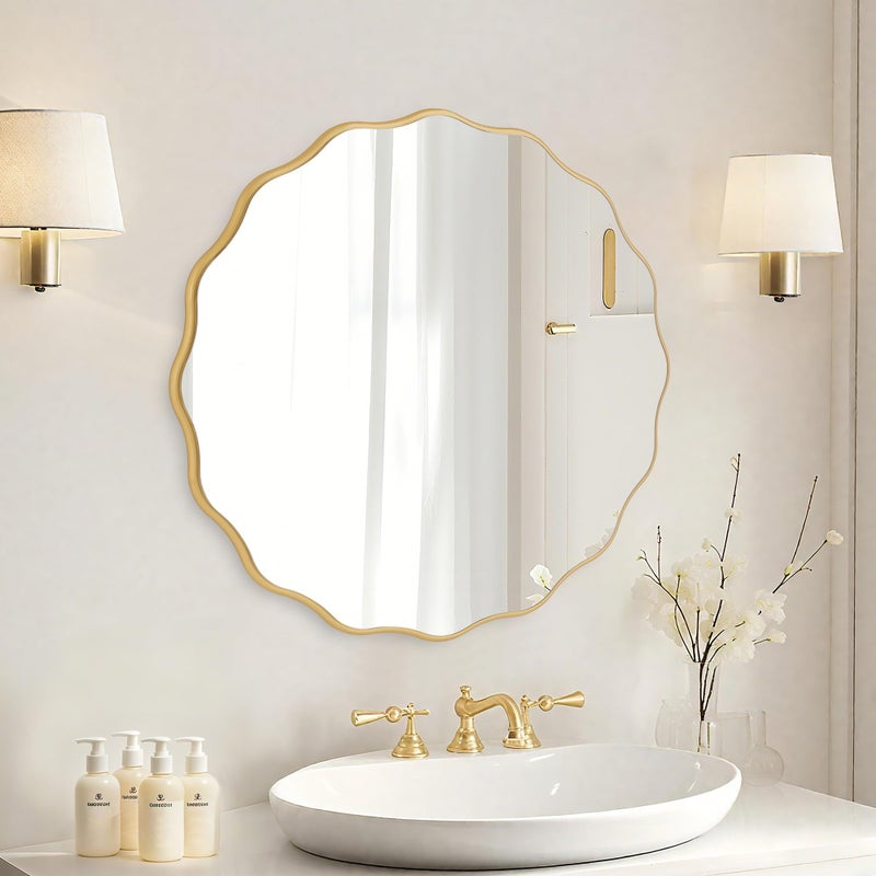 Meolyx 26" Wavy Mirror Scalloped Farmhous Modern Wood Farme Mirror Wall Decor for Bathroom Entryway Living Room Bedroom Hallway - Image 2