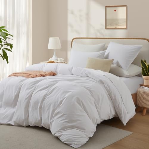 LOVQUE 100% Washed Cotton Duvet Cover Twin Size, Linen-Like Textured White Fade-Resistant Natural Bedding Set (No Comforter), 68x90 Inches - Image 2