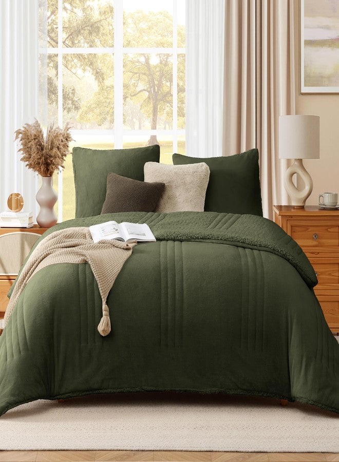 Monbix Fluffy Full Comforter Set - 3 Piece Cozy Sherpa Comforter Full Size Olive Green, Winter Warm Fleece Bedding Set, Winter Fuzzy Bed Set, 1 Comforter with 2 Pillow Shams - Image 1