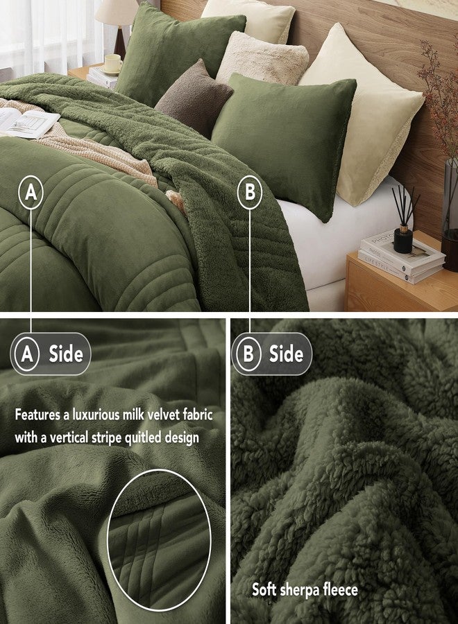 Monbix Fluffy Full Comforter Set - 3 Piece Cozy Sherpa Comforter Full Size Olive Green, Winter Warm Fleece Bedding Set, Winter Fuzzy Bed Set, 1 Comforter with 2 Pillow Shams - Image 3