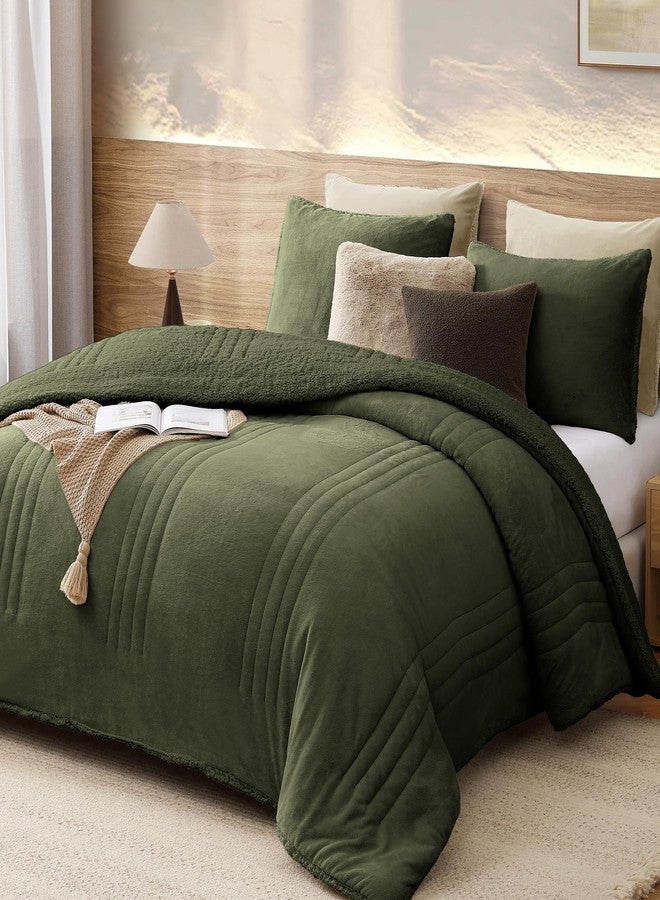 Monbix Fluffy Full Comforter Set - 3 Piece Cozy Sherpa Comforter Full Size Olive Green, Winter Warm Fleece Bedding Set, Winter Fuzzy Bed Set, 1 Comforter with 2 Pillow Shams - Image 2