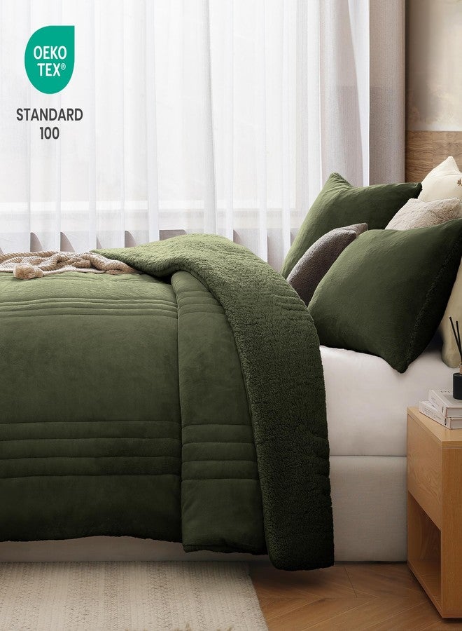 Monbix Fluffy Full Comforter Set - 3 Piece Cozy Sherpa Comforter Full Size Olive Green, Winter Warm Fleece Bedding Set, Winter Fuzzy Bed Set, 1 Comforter with 2 Pillow Shams - Image 5