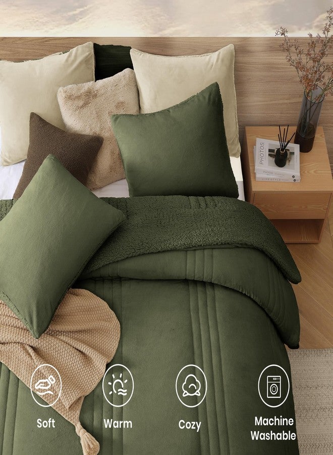 Monbix Fluffy Full Comforter Set - 3 Piece Cozy Sherpa Comforter Full Size Olive Green, Winter Warm Fleece Bedding Set, Winter Fuzzy Bed Set, 1 Comforter with 2 Pillow Shams - Image 4