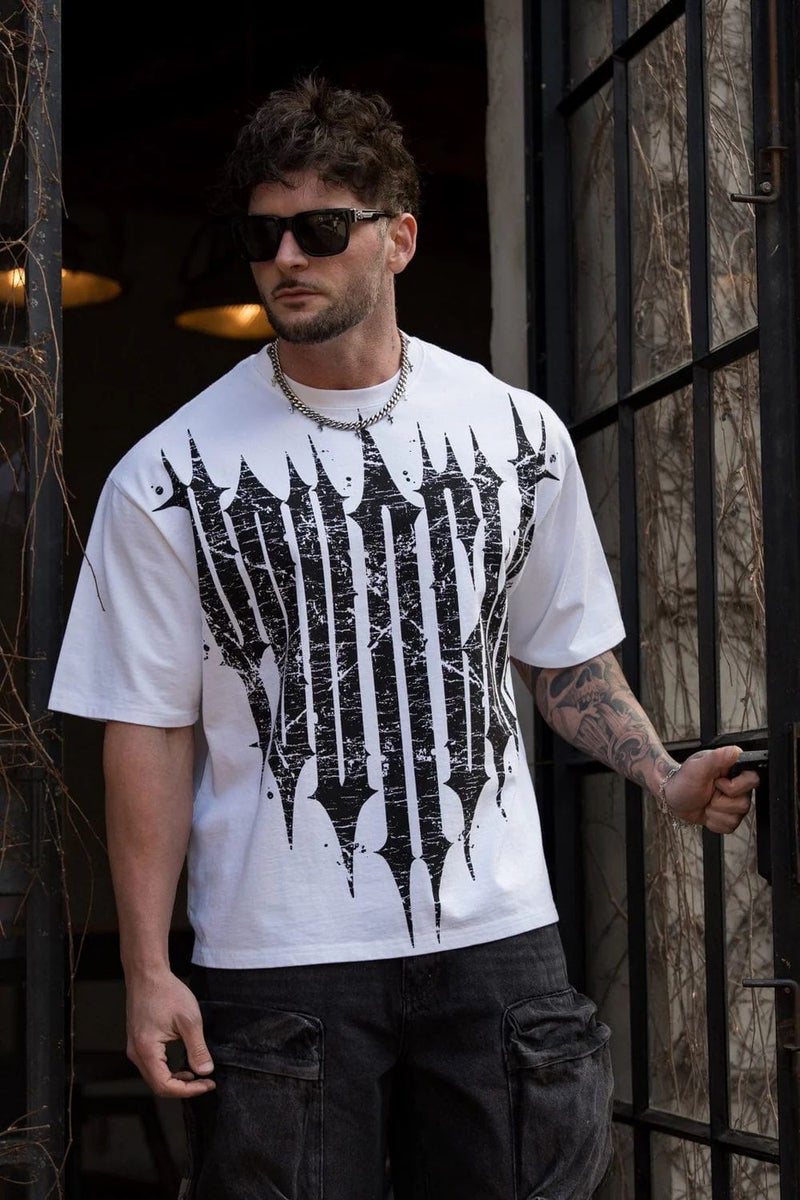 YOUNGLA American New Mens Oversized T-shirt Jogging Sports Fitness Cotton Round Neck Short Sleeve Fashionable Casual T-shirt White