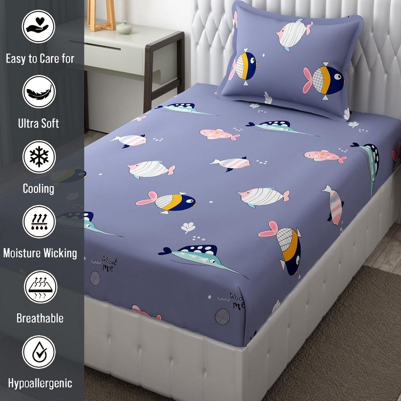 FRESH FROM LOOM Glace Cotton Wrinkle Free Soft Hypoallergenic Bed Sheet Cartoon Printed Single Bedsheet For Kids With One Pillow Cover 60X90 InchesFishBlue 144 tc - Image 4