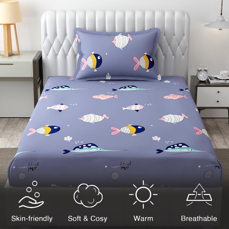 FRESH FROM LOOM Glace Cotton Wrinkle Free Soft Hypoallergenic Bed Sheet Cartoon Printed Single Bedsheet For Kids With One Pillow Cover 60X90 InchesFishBlue 144 tc - Image 5
