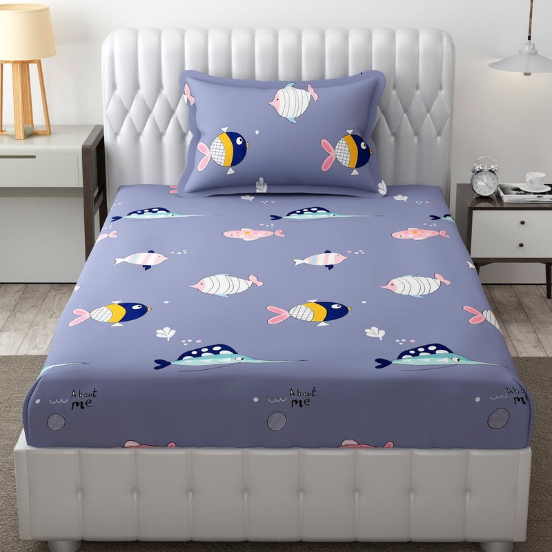 FRESH FROM LOOM Glace Cotton Wrinkle Free Soft Hypoallergenic Bed Sheet Cartoon Printed Single Bedsheet For Kids With One Pillow Cover 60X90 InchesFishBlue 144 tc - Image 1