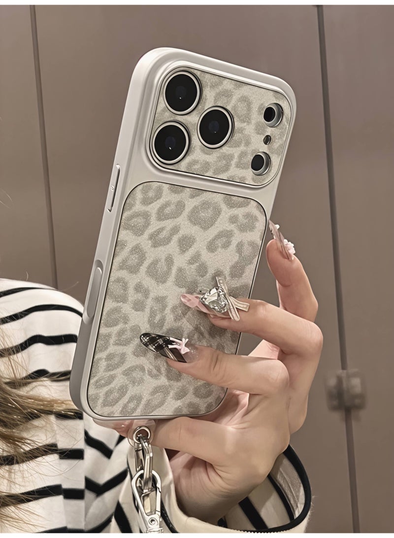 Leopard Print Phone Case & Protective Cover With Crossbody Lanyard Strap For iPhone 17 Pro Luxury Glitter Silver - Image 3