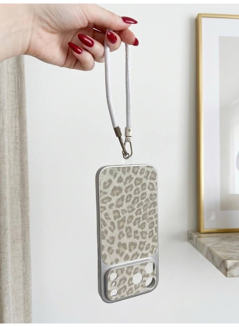 Leopard Print Phone Case & Protective Cover With Crossbody Lanyard Strap For iPhone 17 Pro Luxury Glitter Silver - Image 4