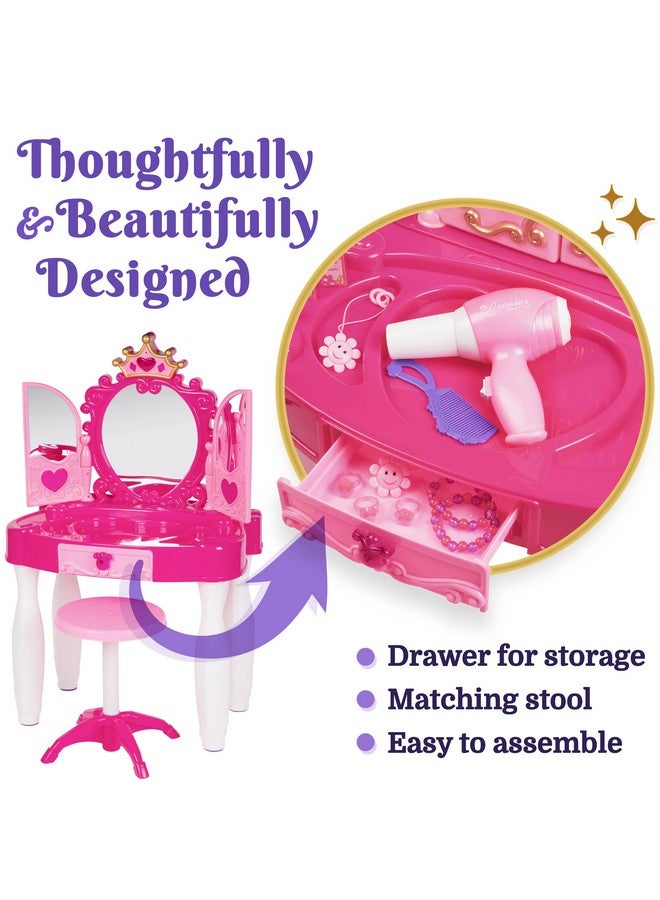 Prextex Kids Makeup Table With Mirror And Chair, Princess Play Set, Kids Makeup Vanity Table With Makeup Accessories And Light And Musical Sound Effects For Toddler Girls (Plastic)  - Image 2