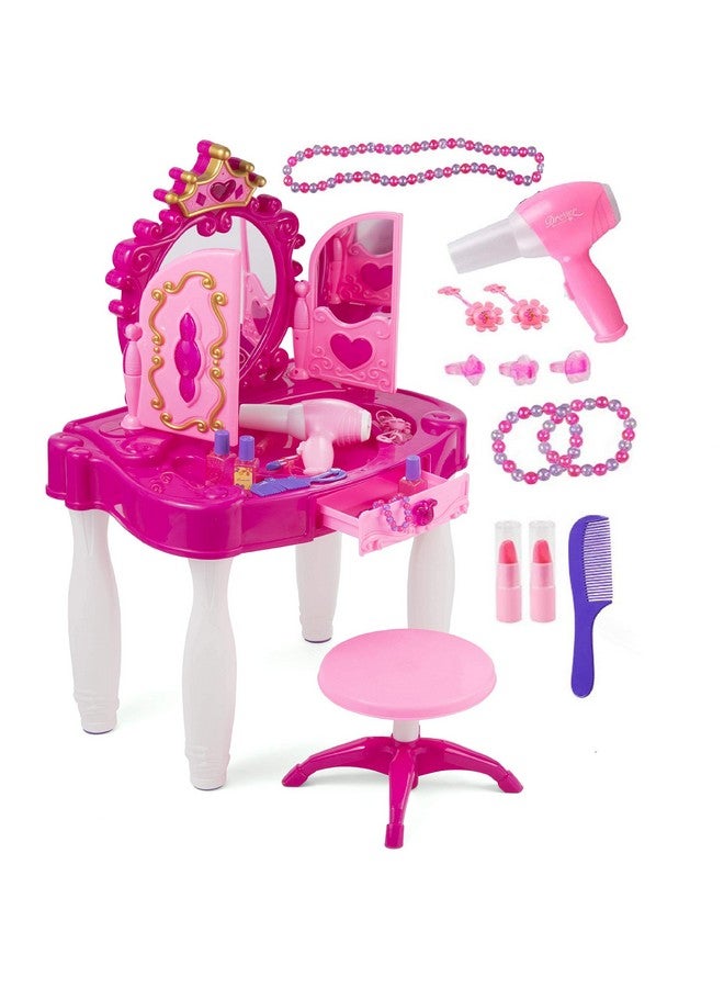 Prextex Kids Makeup Table With Mirror And Chair, Princess Play Set, Kids Makeup Vanity Table With Makeup Accessories And Light And Musical Sound Effects For Toddler Girls (Plastic)  - Image 1