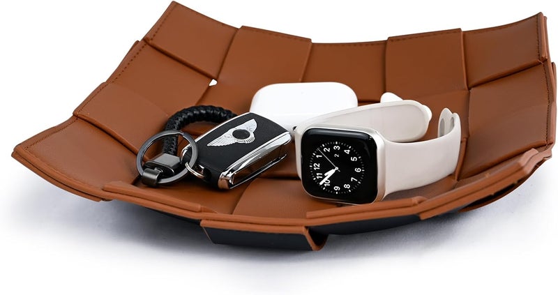MSJGA Valet Tray PU Leather Key Holder Bowl for Men Entryway Table Nightstand Desk Tray for Wallet, Keys Men's Gift - Brown & Black, 9.8" L x 9.8" W x 2" H - Image 1