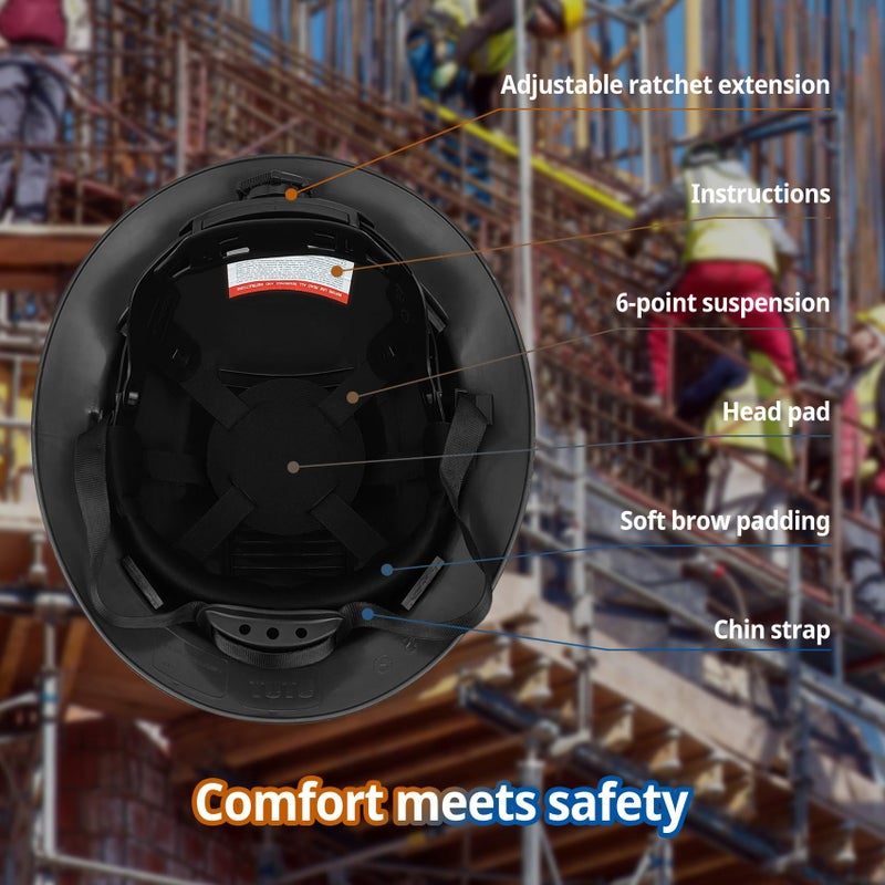 TOKISHI Full Brim Hard Hat - OSHA Safety Helmet Durable Lightweight Carbon Fiber Hard Hat, 6-Point Ratchet Suspension Protective Gear for Men and Women (Matte Black, Standard) - Image 3