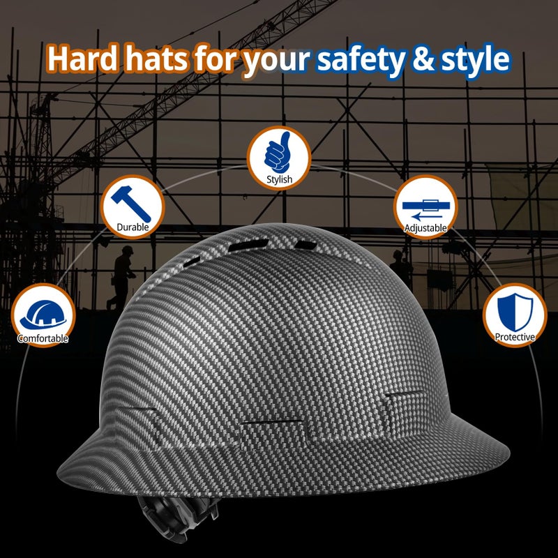 TOKISHI Full Brim Hard Hat - OSHA Safety Helmet Durable Lightweight Carbon Fiber Hard Hat, 6-Point Ratchet Suspension Protective Gear for Men and Women (Matte Black, Standard) - Image 2