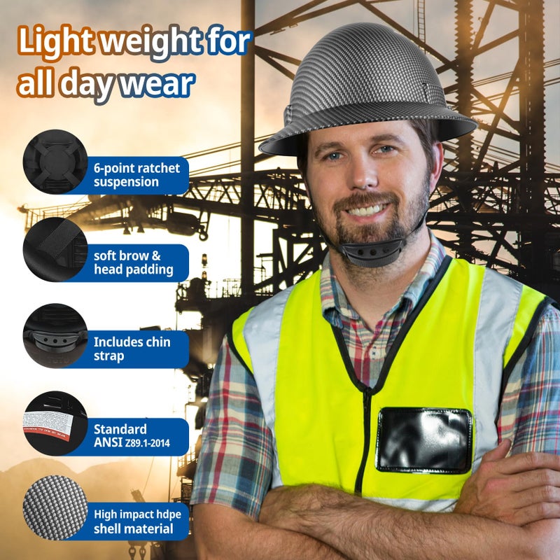 TOKISHI Full Brim Hard Hat - OSHA Safety Helmet Durable Lightweight Carbon Fiber Hard Hat, 6-Point Ratchet Suspension Protective Gear for Men and Women (Matte Black, Standard) - Image 4