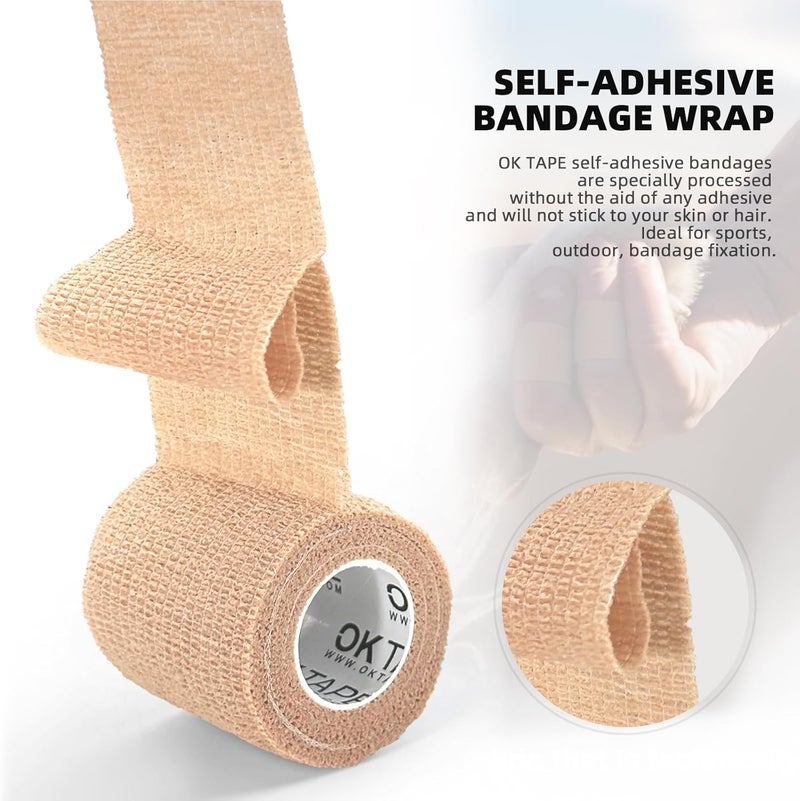 OK TAPE ضمادات لاصقة ذاتية الالتصاق 24 عبوة 1 × 5 ياردات ضمادة لاصقة غير منسوجة للإبهام والأصابع والمعصم والكاحل وضمادات حيوانات باللون البيج - Image 3