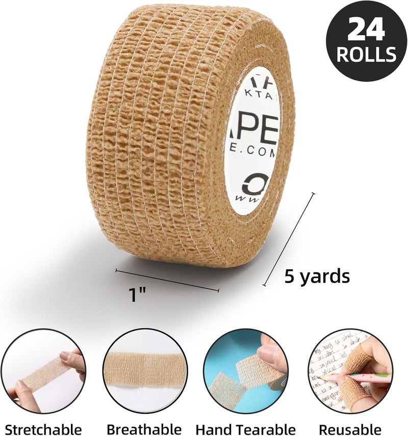 OK TAPE ضمادات لاصقة ذاتية الالتصاق 24 عبوة 1 × 5 ياردات ضمادة لاصقة غير منسوجة للإبهام والأصابع والمعصم والكاحل وضمادات حيوانات باللون البيج - Image 2