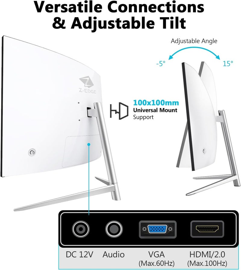 Z Z-Edge شاشة Z-Edge المنحنية مقاس 27 بوصة للألعاب، دقة كاملة عالية الوضوح 1080P 1920x1080 مع إضاءة خلفية LED، بمعدل تحديث 75 هرتز وتقنية حماية العين، زاوية مشاهدة واسعة 178 درجة، مكبرات صوت مدمجة، VGA+HDMI - Image 5