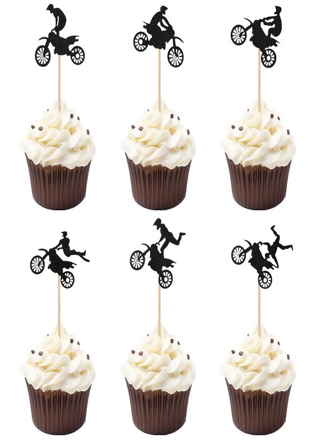 XIHIRCD 24pcs Motorcycle Cupcake Toppers, Black Glitter Dirt Bike Cake Topper Motorbike Cupcake Picks Party Cake Decorations for Sports Motocross Themed Birthday Party Cake Decorations Supplies - Image 1