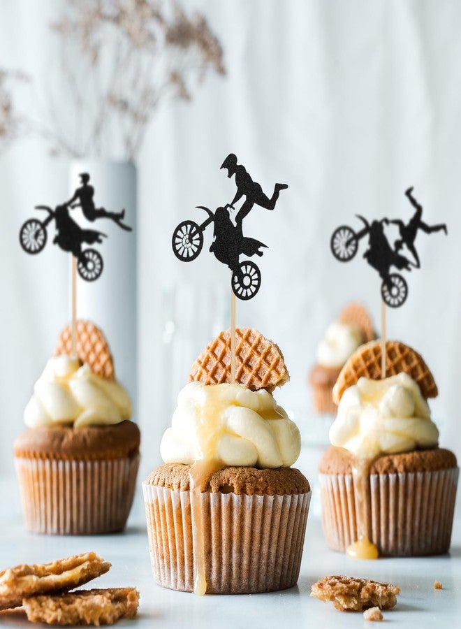 XIHIRCD 24pcs Motorcycle Cupcake Toppers, Black Glitter Dirt Bike Cake Topper Motorbike Cupcake Picks Party Cake Decorations for Sports Motocross Themed Birthday Party Cake Decorations Supplies - Image 5