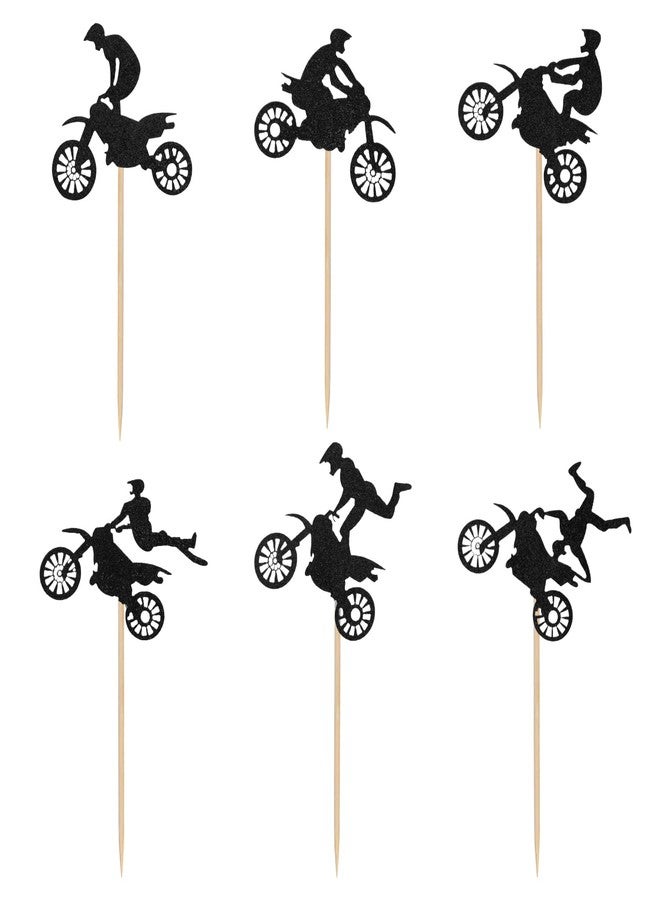 XIHIRCD 24pcs Motorcycle Cupcake Toppers, Black Glitter Dirt Bike Cake Topper Motorbike Cupcake Picks Party Cake Decorations for Sports Motocross Themed Birthday Party Cake Decorations Supplies - Image 3