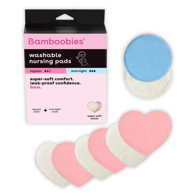 Bamboobies Nursing Pads, Ultra-Soft Velour, Reusable, Washable & Leak-Proof, 6 Ultra-Thin and 2 Overnight Pads for Breastfeeding - Image 1