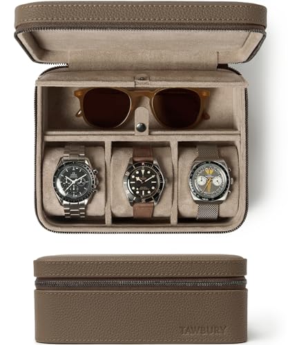 TAWBURY Watch Case 3 Slot Portable Watch Storage Box for Home Travel with Extra Wide Pillows for Large Watches and Compartment for Accessory Storage Taupe - Image 1