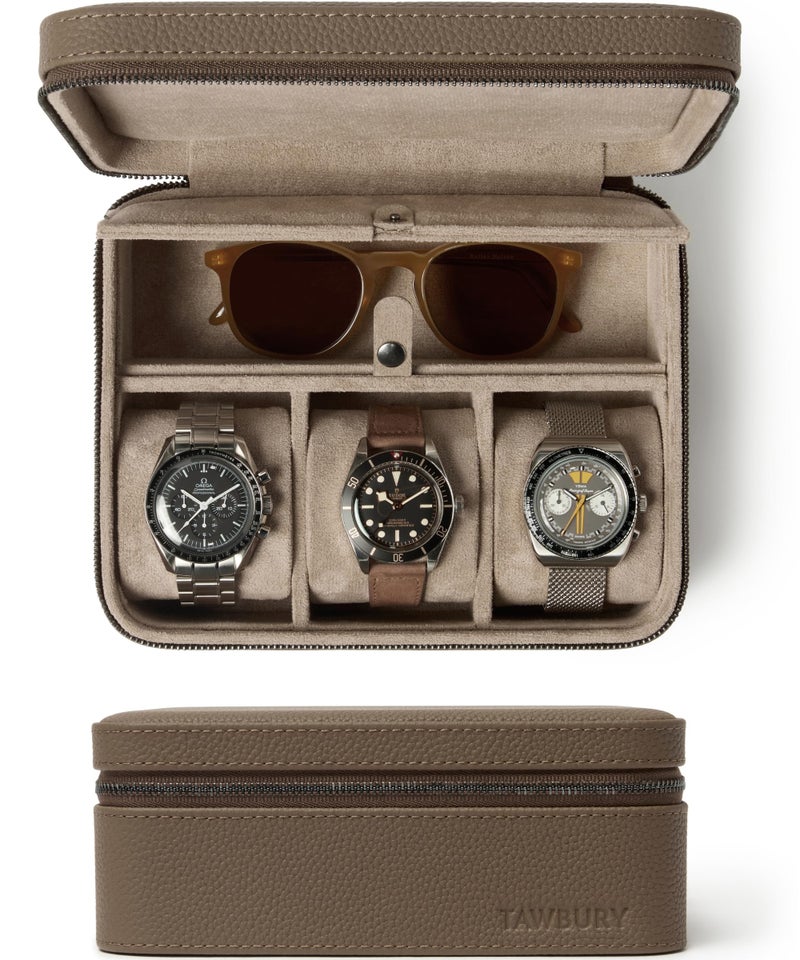 TAWBURY Watch Case 3 Slot Portable Watch Storage Box for Home Travel with Extra Wide Pillows for Large Watches and Compartment for Accessory Storage Taupe - Image 2