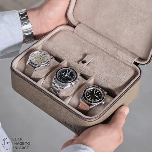 TAWBURY Watch Case 3 Slot Portable Watch Storage Box for Home Travel with Extra Wide Pillows for Large Watches and Compartment for Accessory Storage Taupe - Image 3