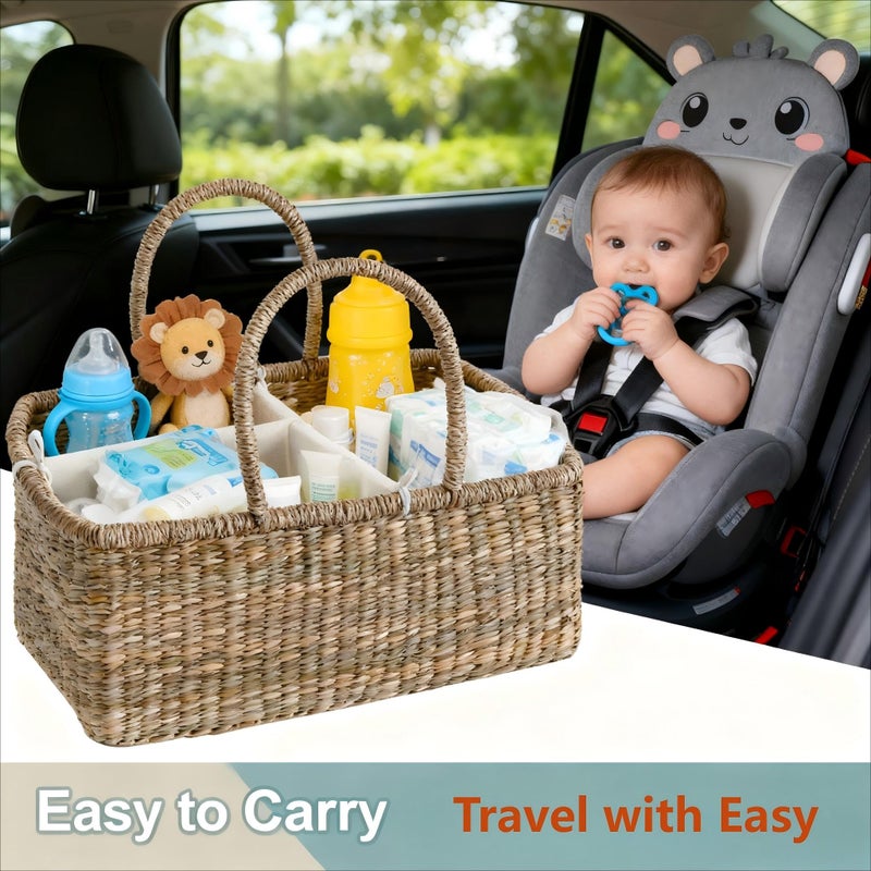 Quincry Premium Wicker Baby Diaper Caddy Organizer, Woven Seagrass Basket with Handles, Diaper Basket with Dividers (Rectangle) - Image 3